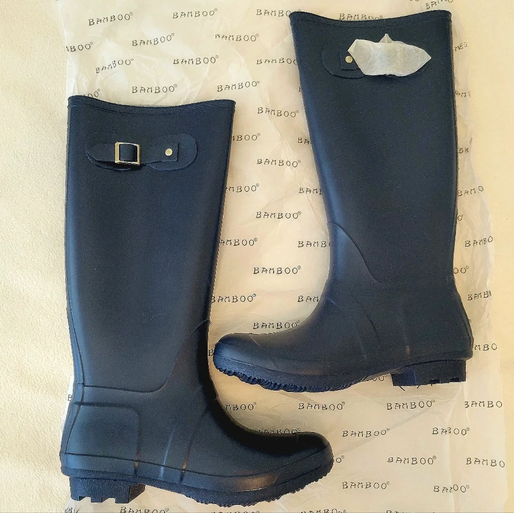 BAMBOO Women's Navy Blue Padinton Knee High Tall Rain Boots NEW NWOT